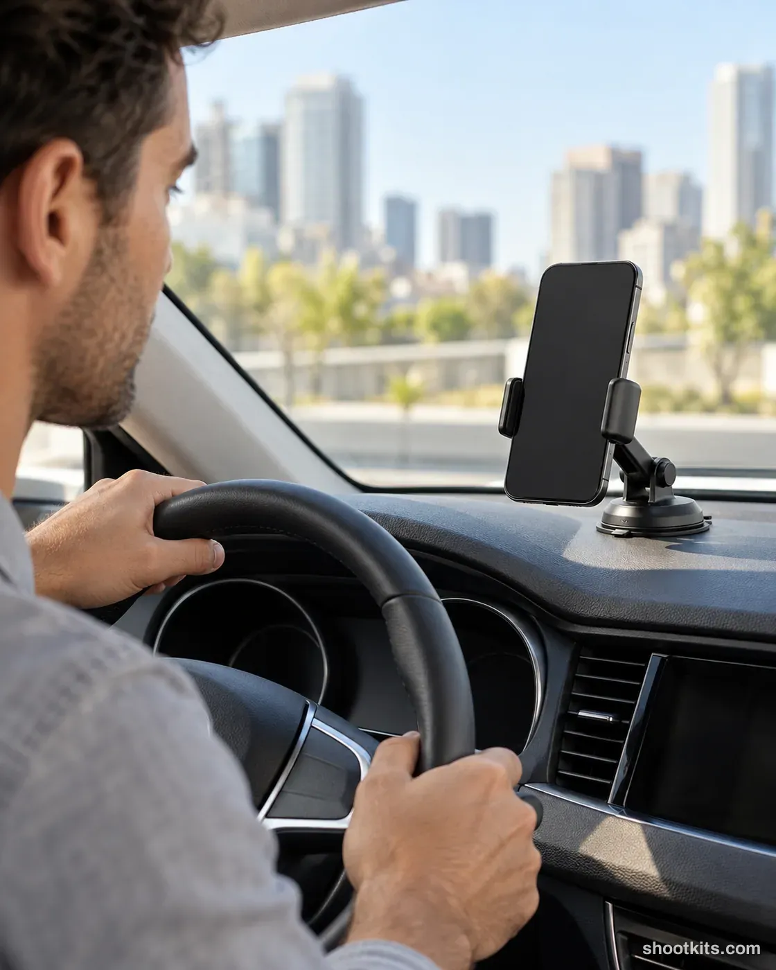 Dashboard mount: car product photo made with ChatGPT. Modern car cabin on a bright city morning.