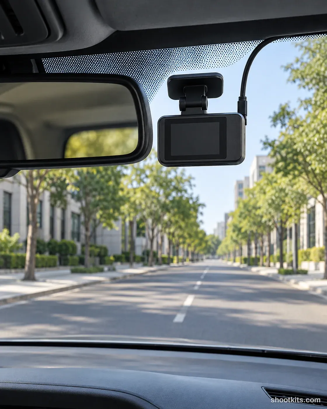 Dash cam view: car product photo made with ChatGPT. Car windscreen on a quiet urban road.