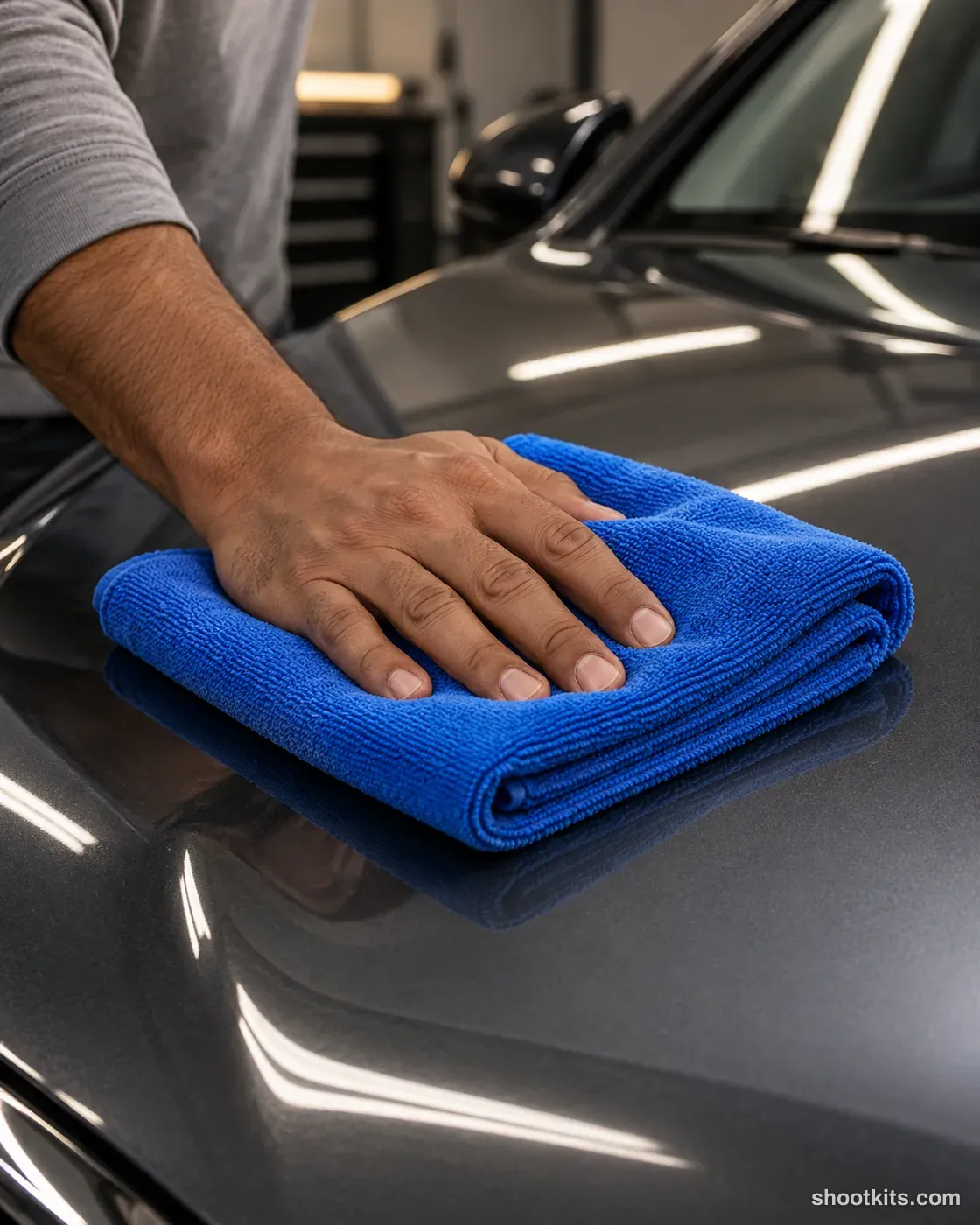 Microfibre finish: car product photo made with ChatGPT. Garage with a glossy dark bonnet.