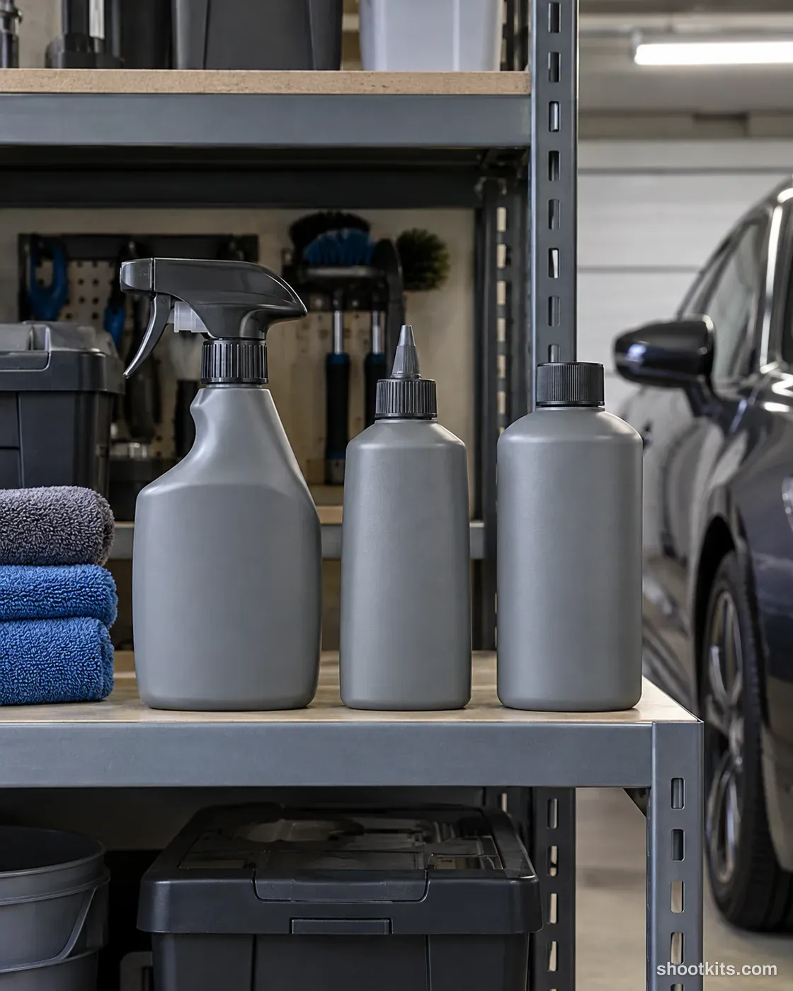 Garage shelf: car product photo made with ChatGPT. Tidy home garage shelf.