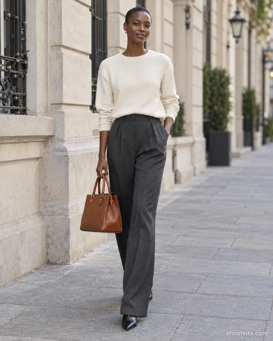 City carry: bag photo made with ChatGPT. Quiet city sidewalk beside pale stone buildings.