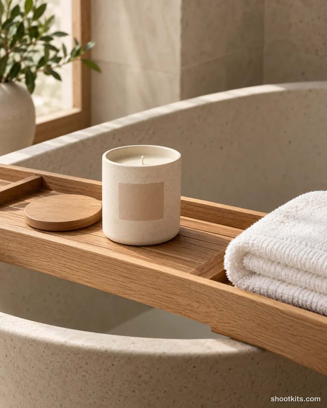 Bathtub tray: candle photo made with ChatGPT. Calm bathroom with stone tub.
