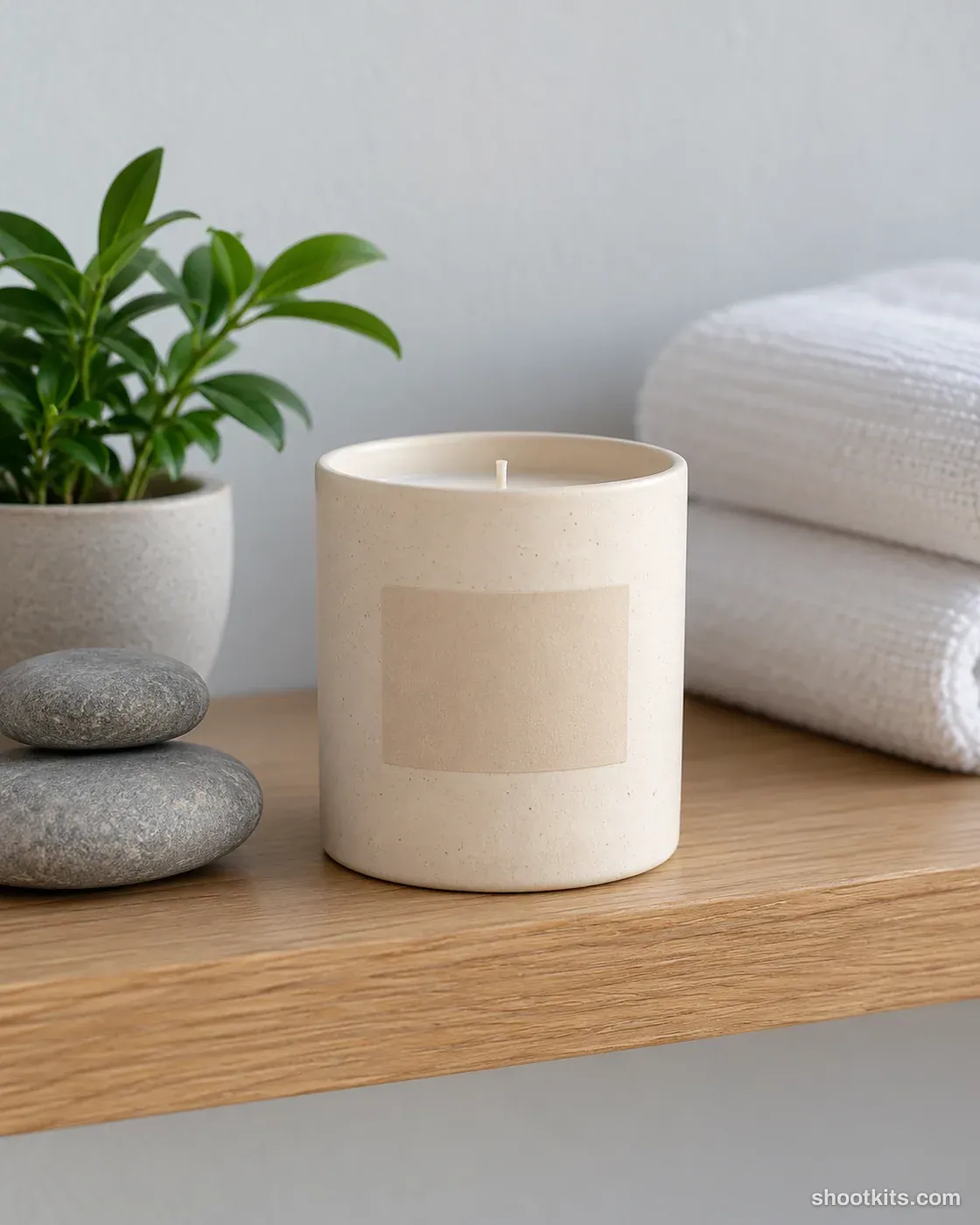Spa shelf: candle photo made with ChatGPT. Minimal spa shelf with folded towels.
