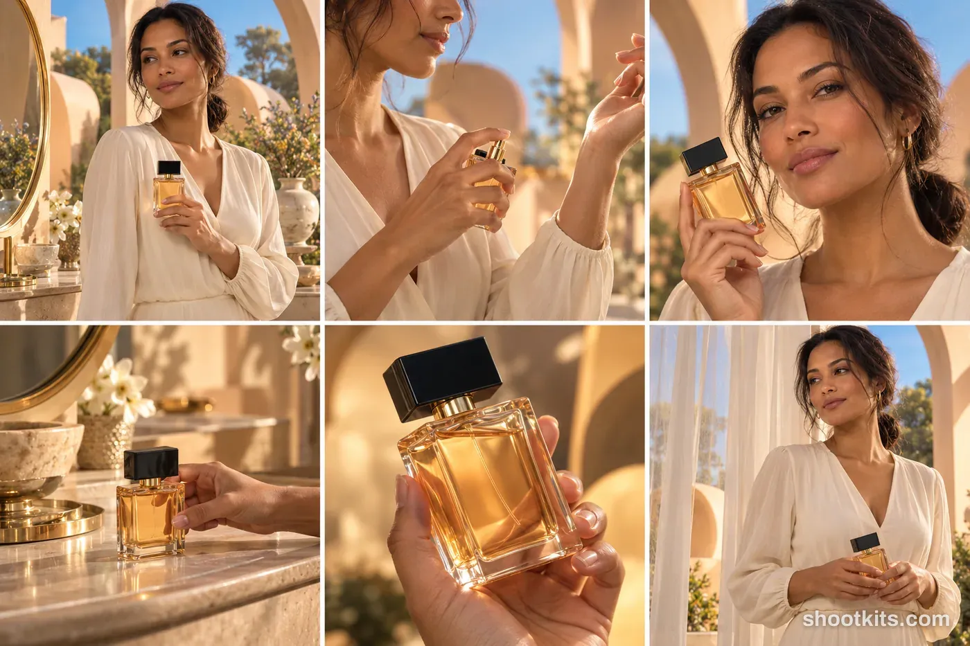 6-panel surrealism perfume lifestyle shoot made with ChatGPT