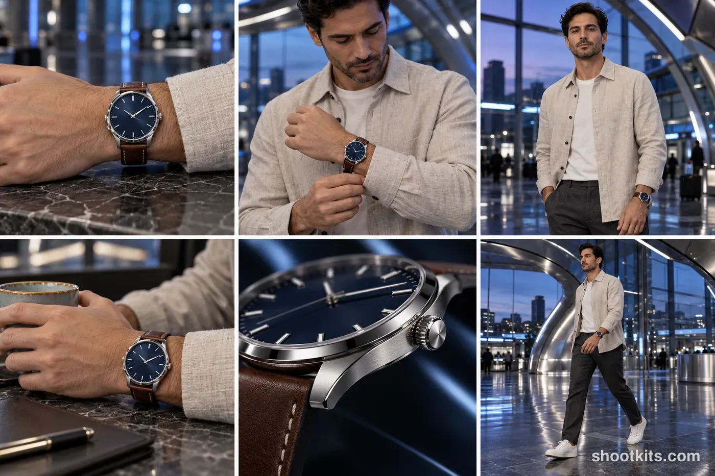 6-panel futurism / chrome watch lifestyle shoot made with ChatGPT