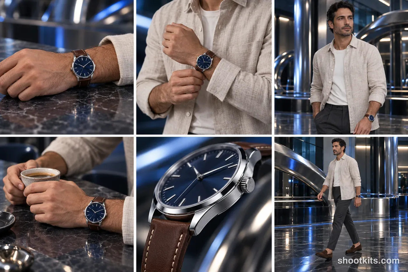 6-panel futurism / chrome watch studio shoot with a model made with ChatGPT