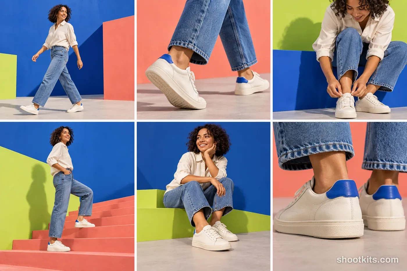 6-panel color blocking sneaker studio shoot with a model made with ChatGPT