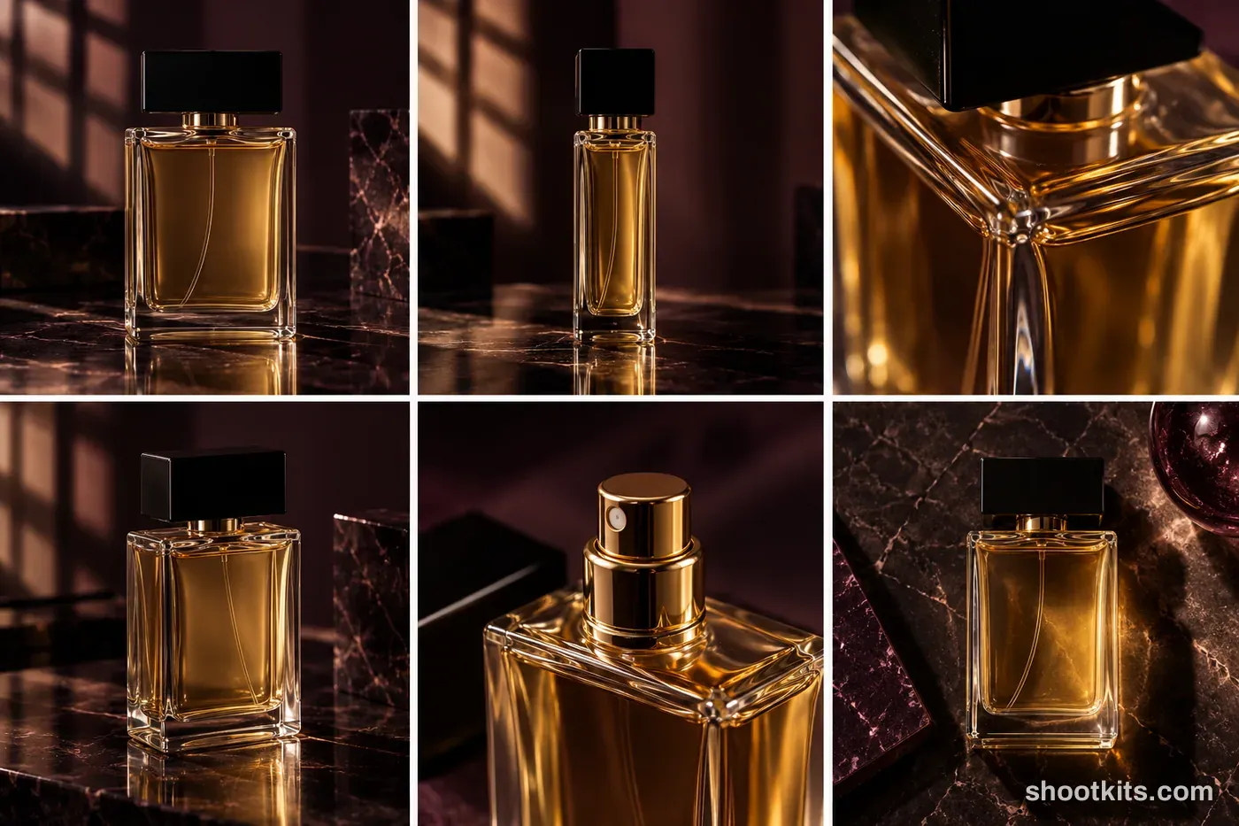 6-panel cinematic noir perfume product shots made with ChatGPT