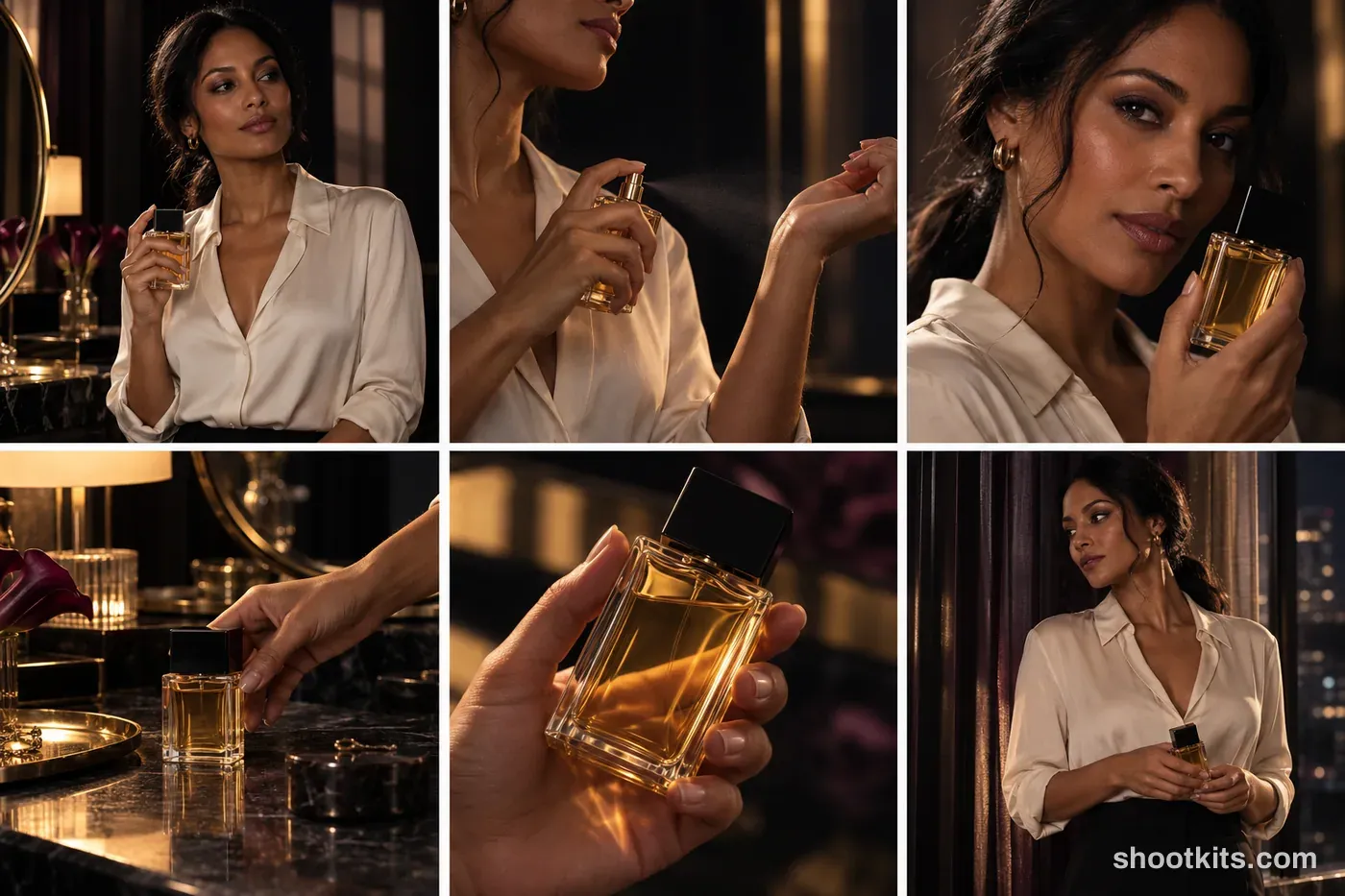 6-panel cinematic noir perfume studio shoot with a model made with ChatGPT