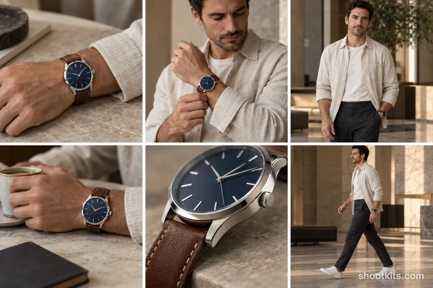 6-panel quiet luxury watch studio shoot with a model made with ChatGPT