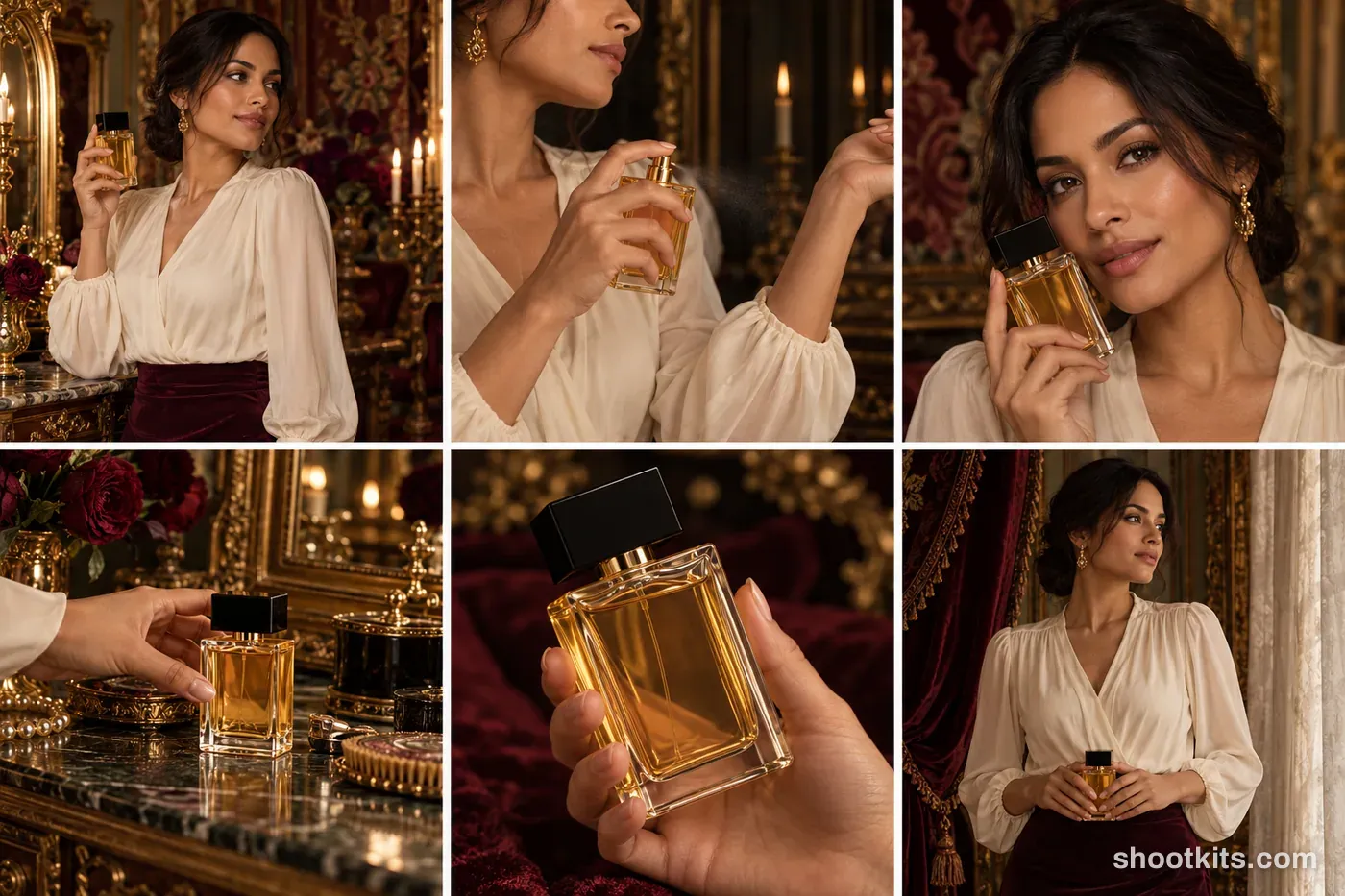 6-panel neo-baroque perfume lifestyle shoot made with ChatGPT