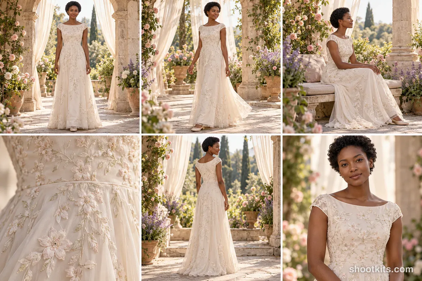6-panel romantic / ethereal bridal lifestyle shoot made with ChatGPT