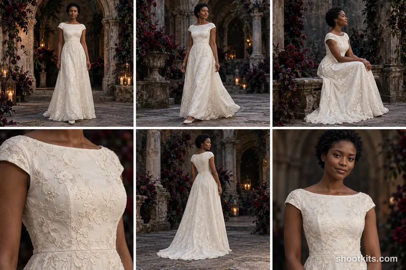 6-panel gothic romantic bridal lifestyle shoot made with ChatGPT