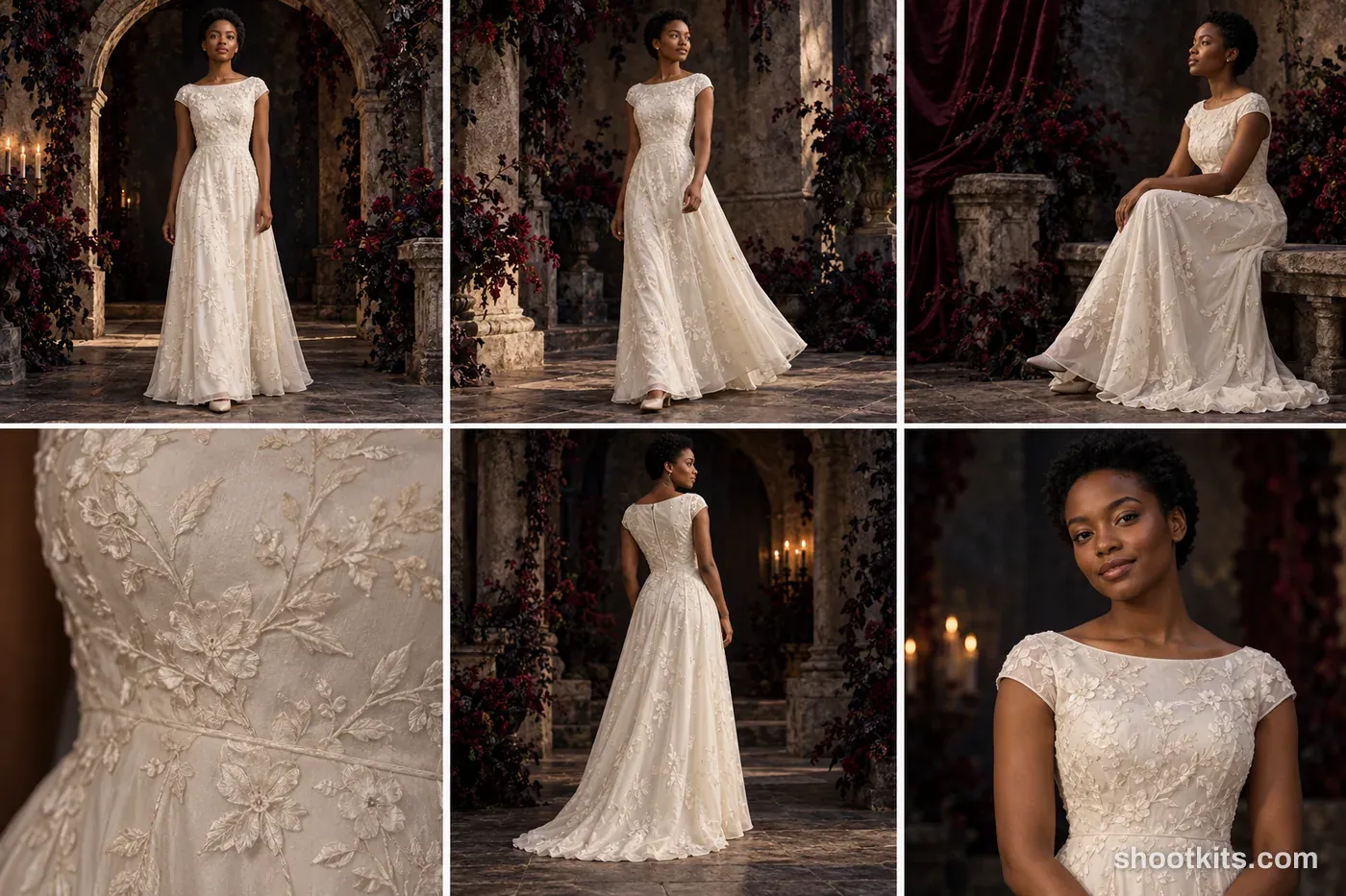 6-panel gothic romantic bridal studio shoot with a model made with ChatGPT
