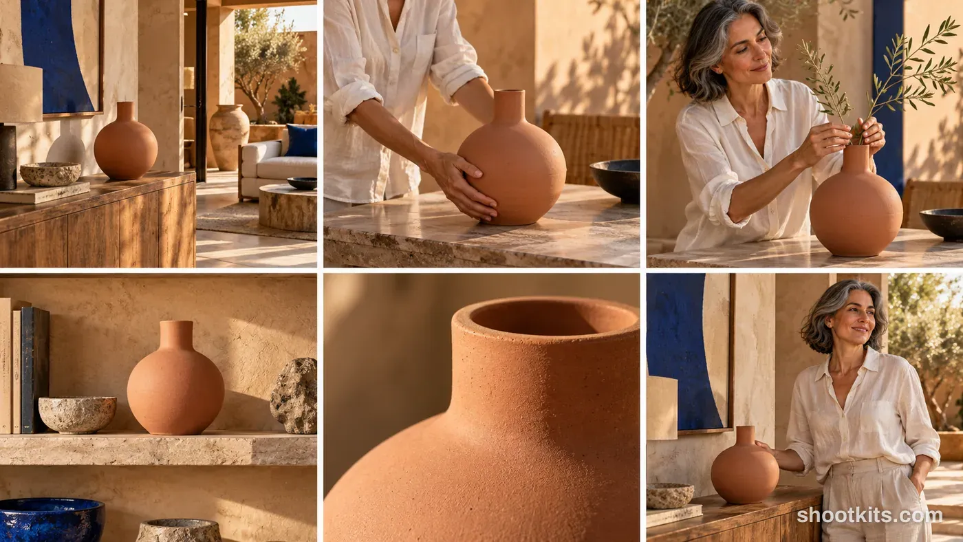 6-panel desert modernism homeware lifestyle shoot made with ChatGPT