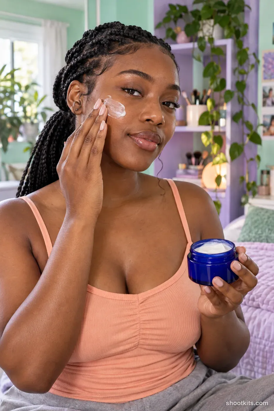 Cream mirror preparation: makeup photo made with ChatGPT. mint vanity corner in an actual bedroom with lavender shelving.