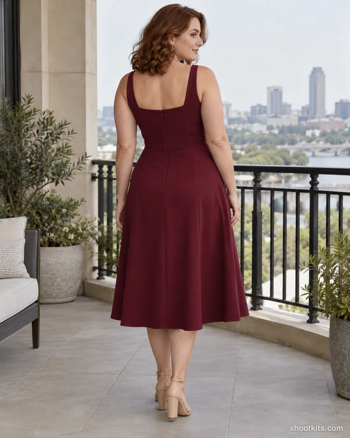 Balcony back view: dress photo made with ChatGPT. Shaded balcony with a distant city view.