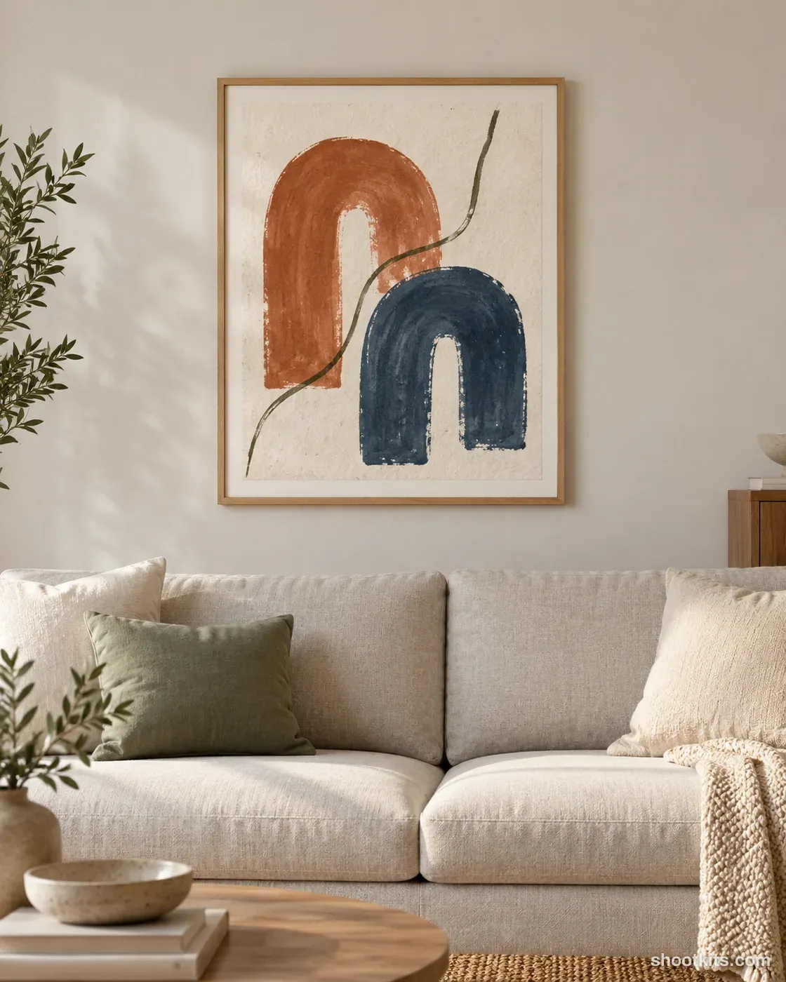 Print on wall: handmade piece photo made with ChatGPT. Living room wall above a sofa.