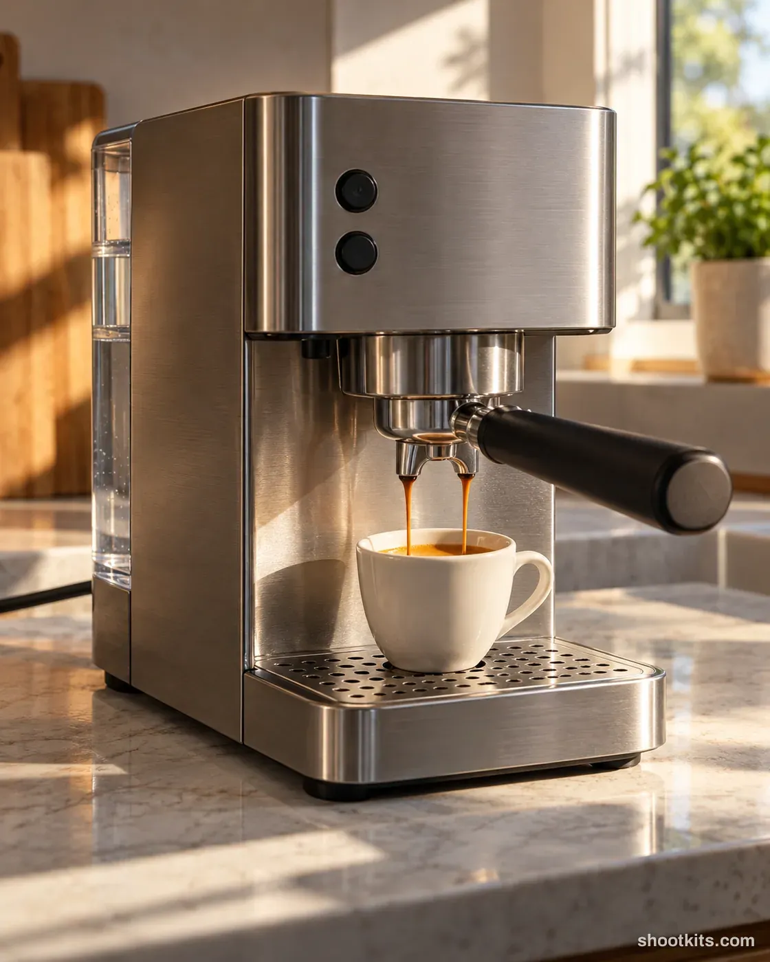 Morning espresso: kitchen appliance photo made with ChatGPT. Sunlit kitchen counter.