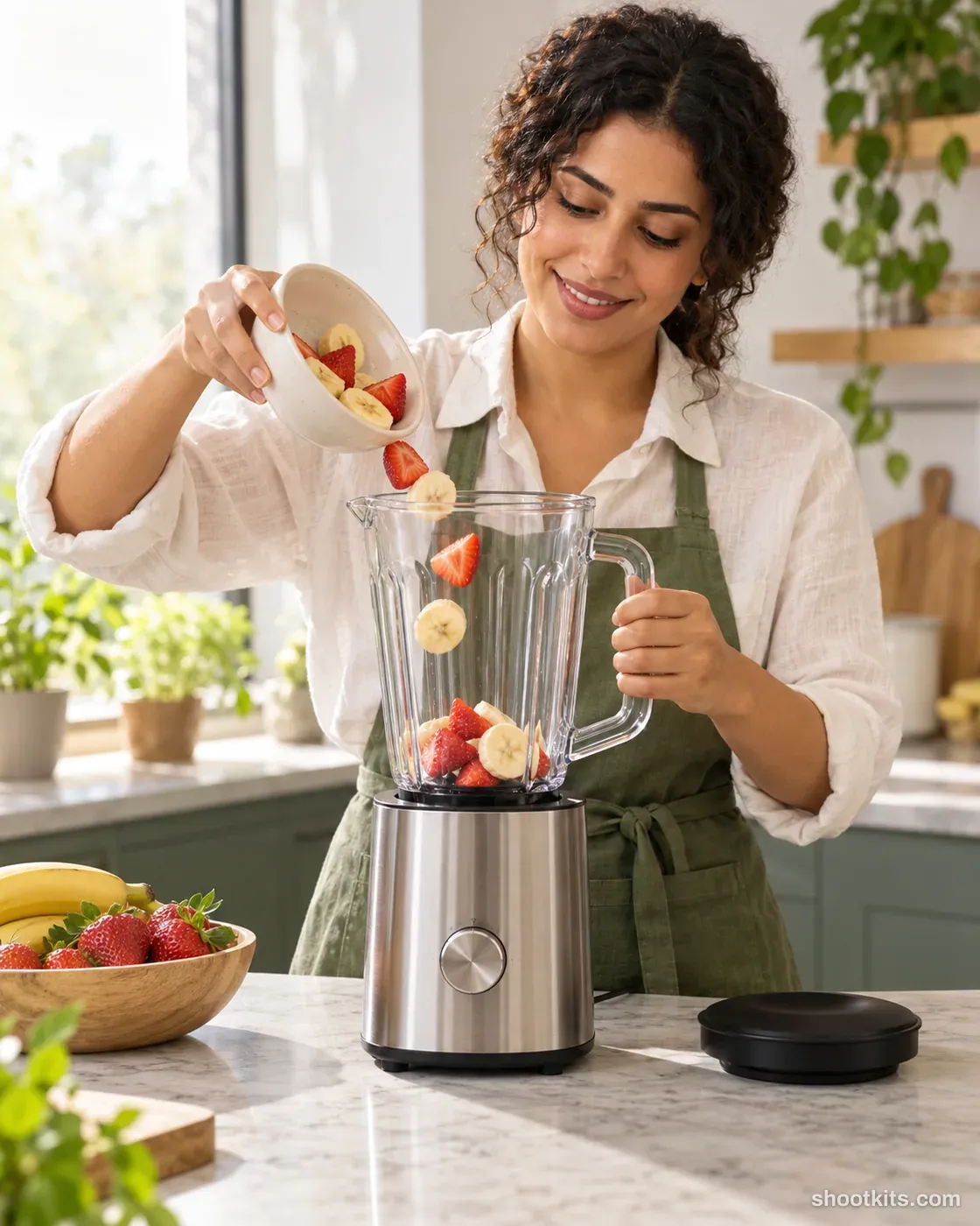 Smoothie blend: kitchen appliance photo made with ChatGPT. Bright kitchen with fruit bowl.