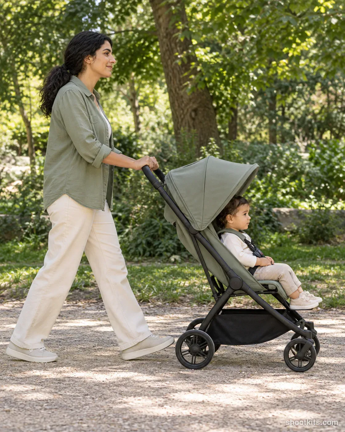 Park stroll: kids product photo made with ChatGPT. Leafy park path.