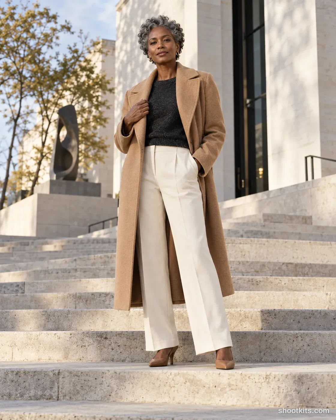 Woman wearing a camel coat and cream trousers on broad limestone gallery steps.
