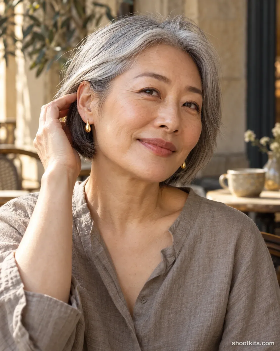 Woman with a silver bob tucking her hair behind a gold teardrop earring at a cafe.