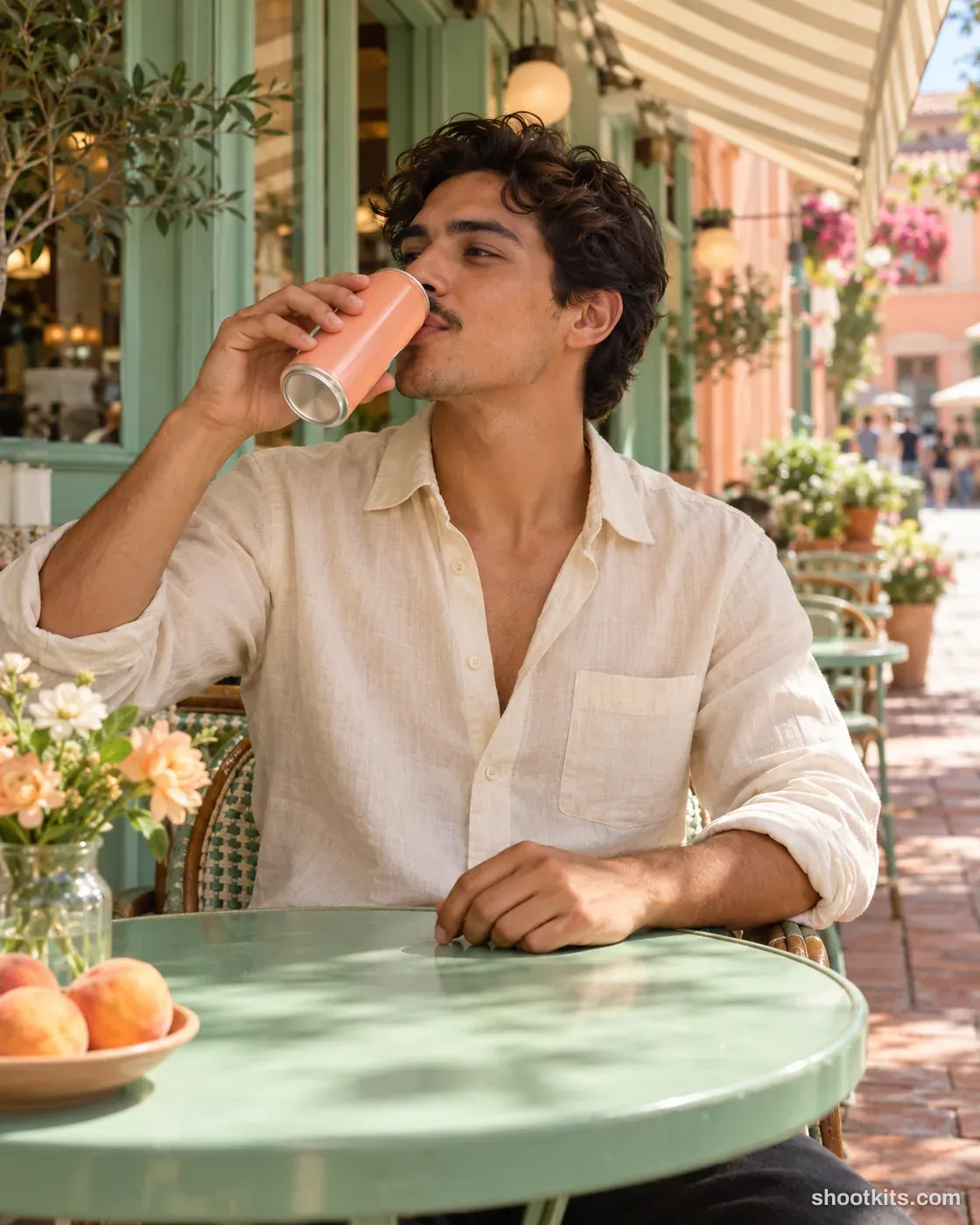 Man sipping from a peach-coloured can at a mint-green sidewalk cafe.