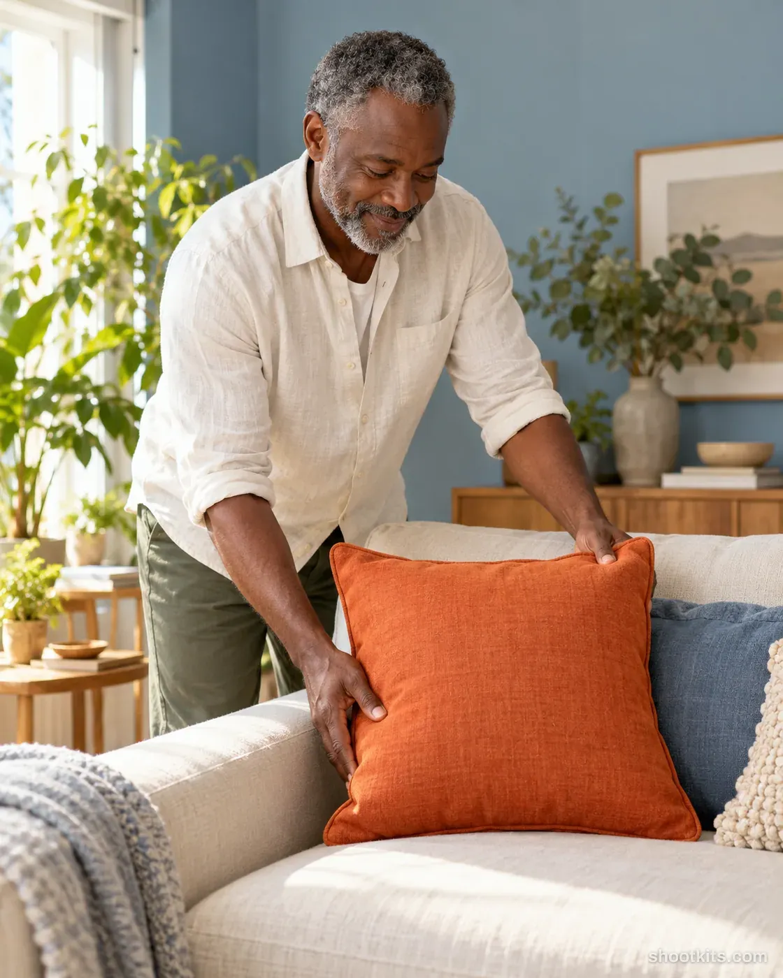 Man arranging an orange linen cushion on a cream sofa in a blue-walled living room.