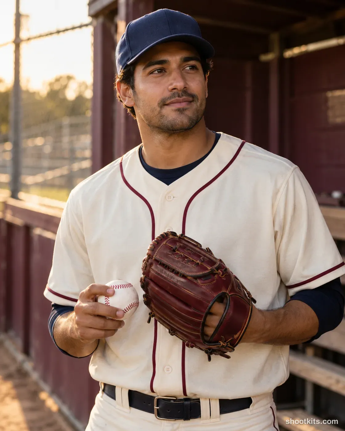 Baseball player holding a burgundy glove and white ball at a timber dugout.