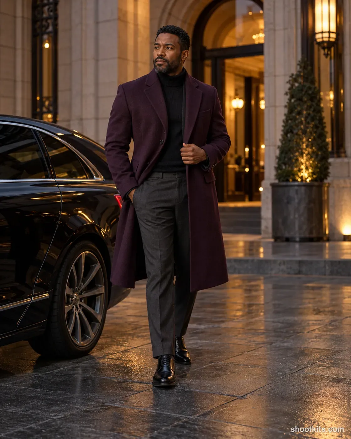 Man in a deep-plum wool coat arriving at a stone gallery entrance at dusk.