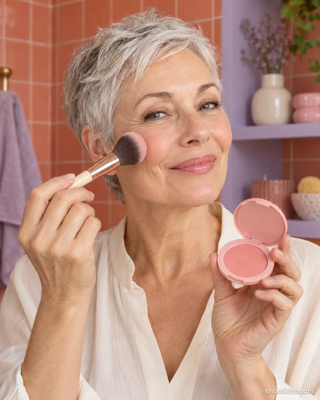 Older woman applying blush with a brush while holding a pink compact.