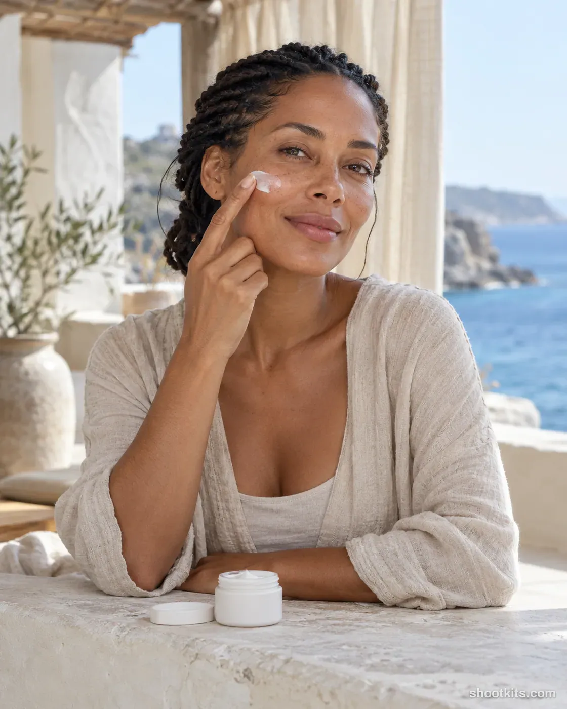 Woman applying a small dab of cream on a shaded coastal terrace beside a white jar.