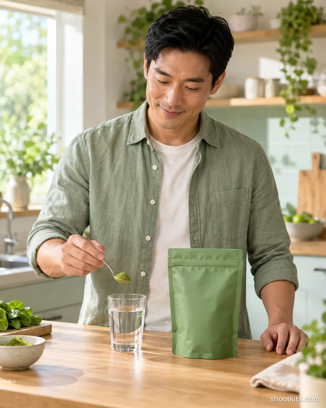 Man preparing a drink with a green powder pouch and small spoon in a mint kitchen.