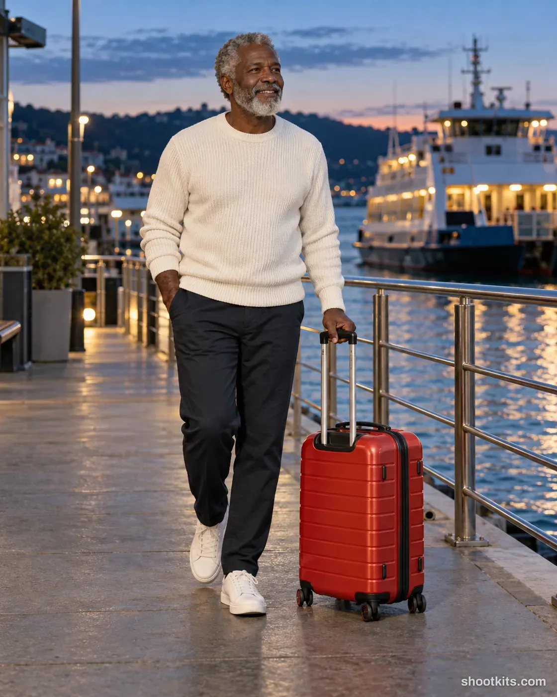 Older man walking beside a red suitcase on a harbour promenade at blue hour.
