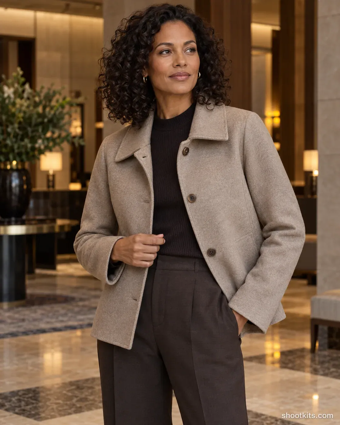 Lobby portrait: luxury fashion photo made with ChatGPT. Understated hotel lobby with stone and timber.