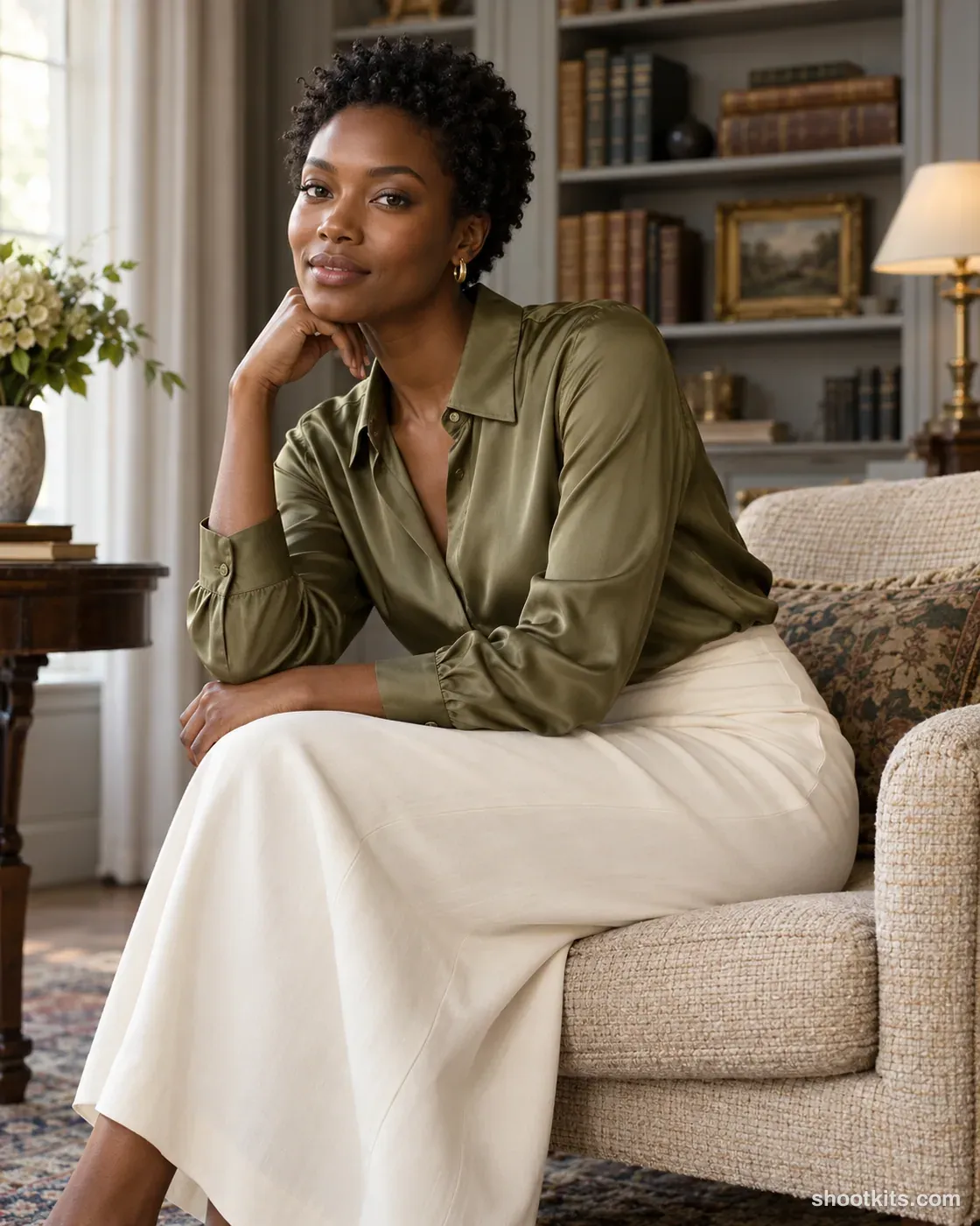 Library quiet: luxury fashion photo made with ChatGPT. Elegant reading room with muted shelving.