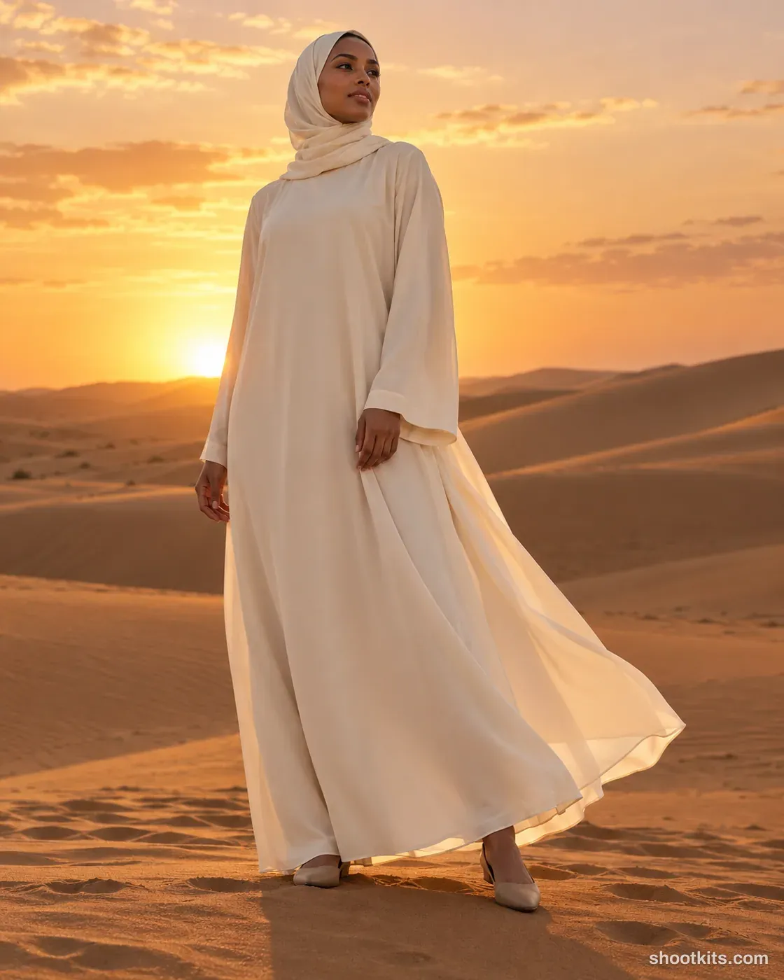 Desert dune: modest fashion photo made with ChatGPT. Smooth desert dune at sunset.