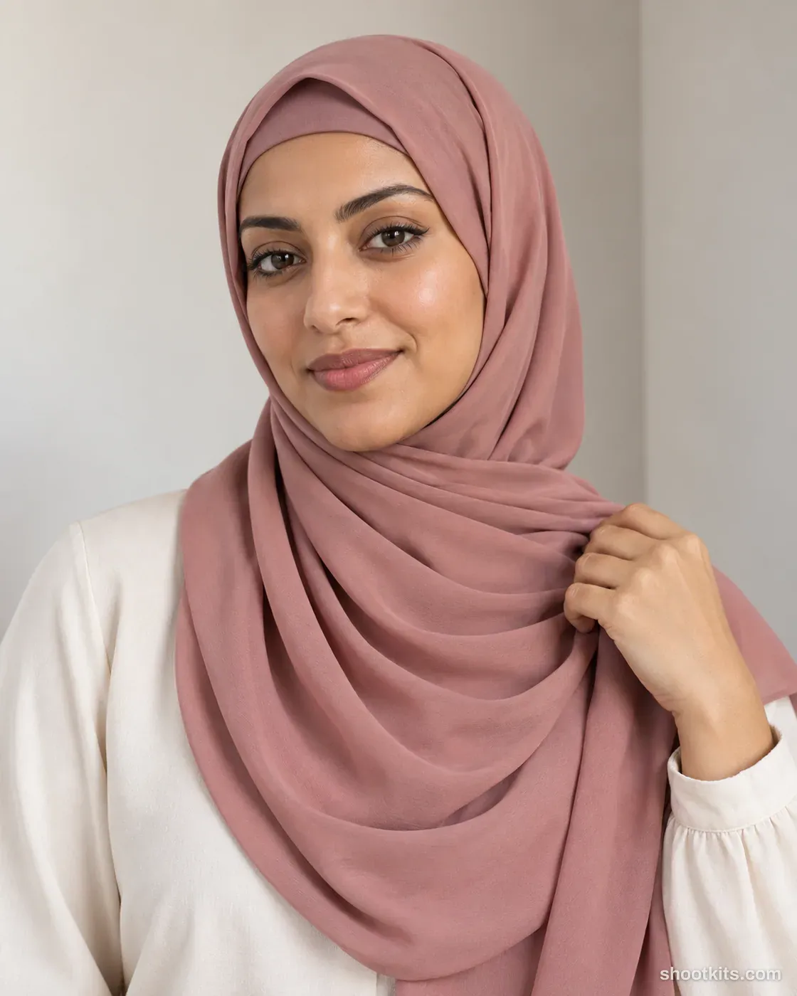 Hijab detail: modest fashion photo made with ChatGPT. Neutral studio corner.