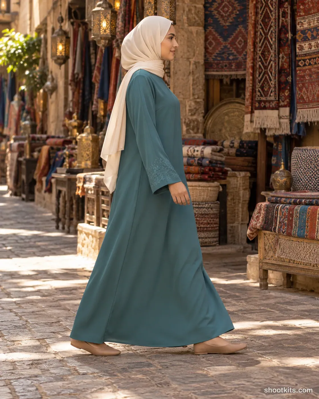 Souq lane: modest fashion photo made with ChatGPT. Clean traditional market lane with lanterns, no readable signs.