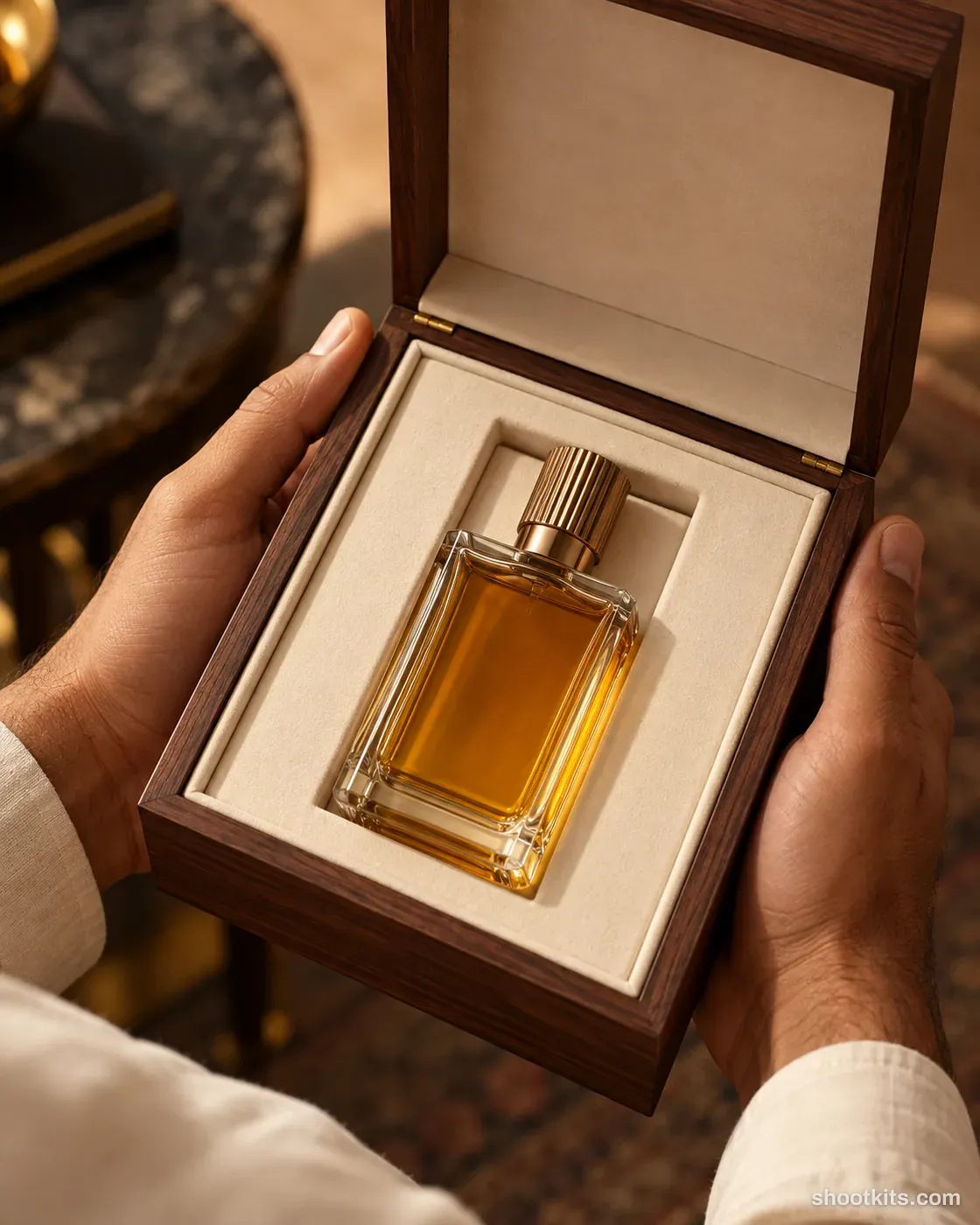 Gift presentation: oud fragrance photo made with ChatGPT. Hands holding an open gift box.