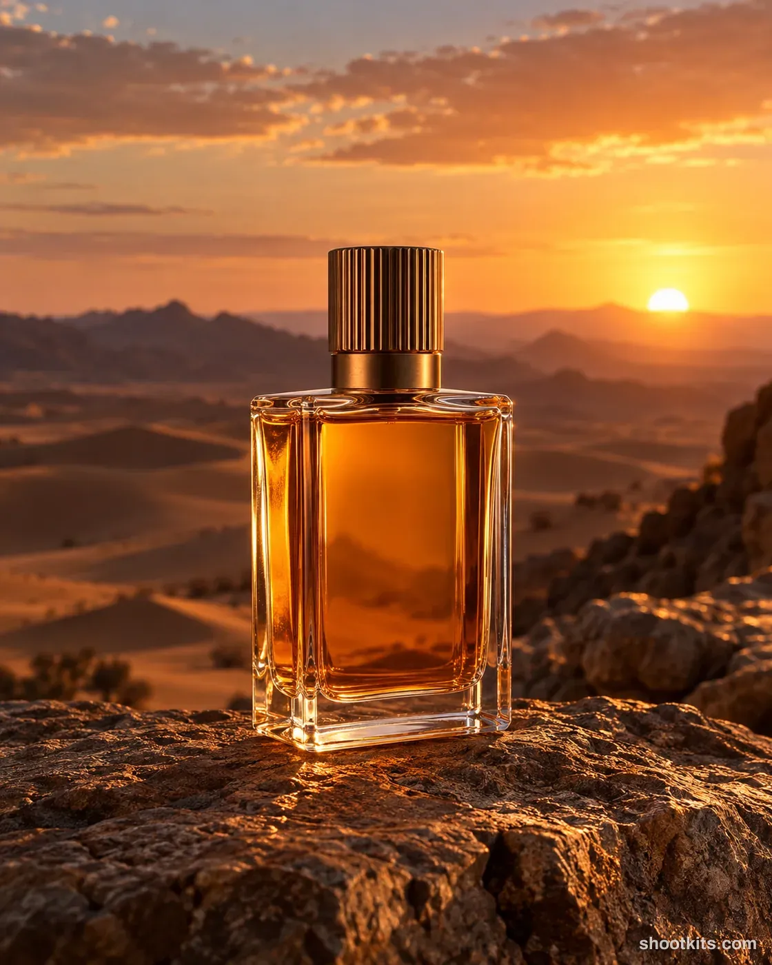 Desert dusk: oud fragrance photo made with ChatGPT. Rock ledge in the desert at dusk.