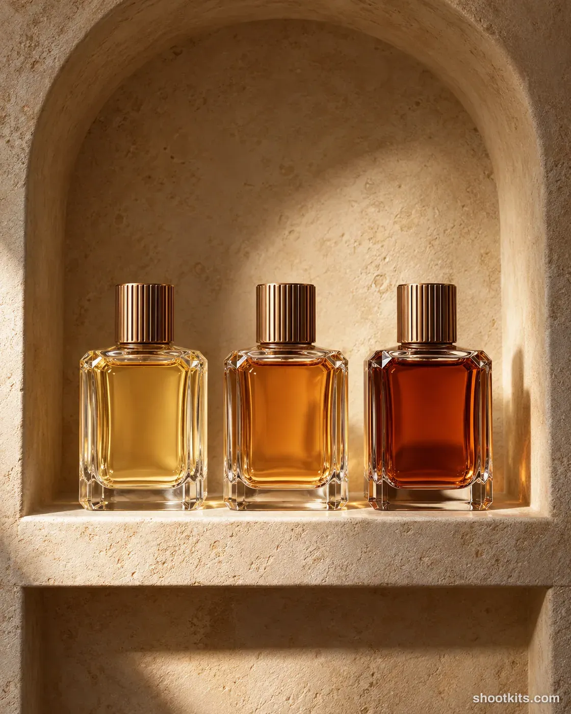Collection shelf: oud fragrance photo made with ChatGPT. Carved display niche.