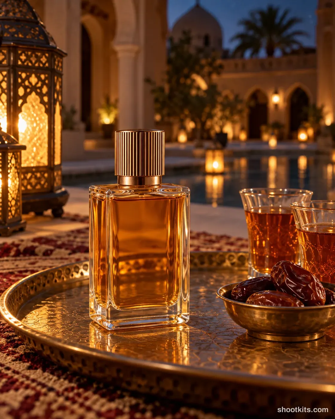 Ramadan night: oud fragrance photo made with ChatGPT. Courtyard with lanterns at night.