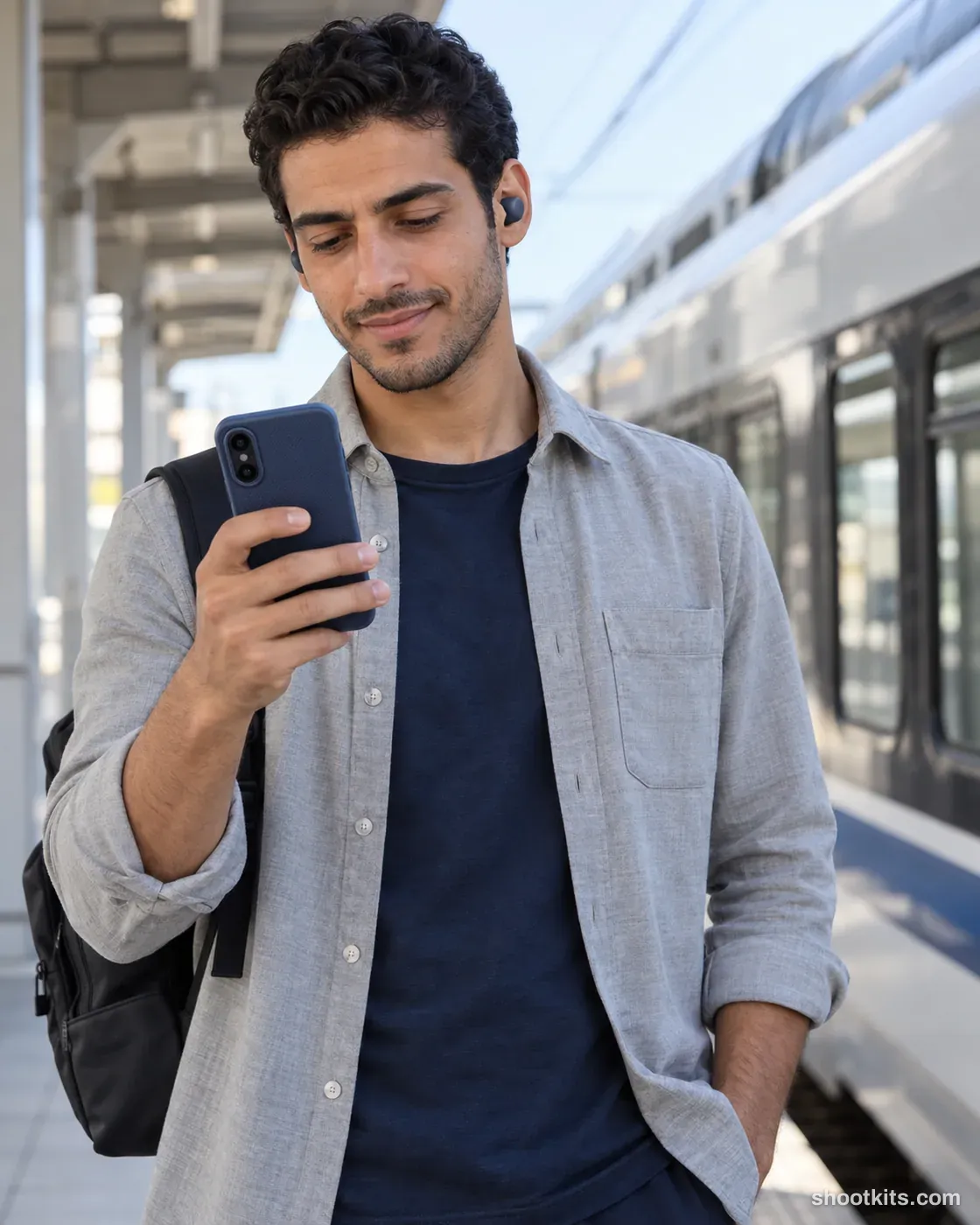 Train commute: tech accessory photo made with ChatGPT. Bright train platform.