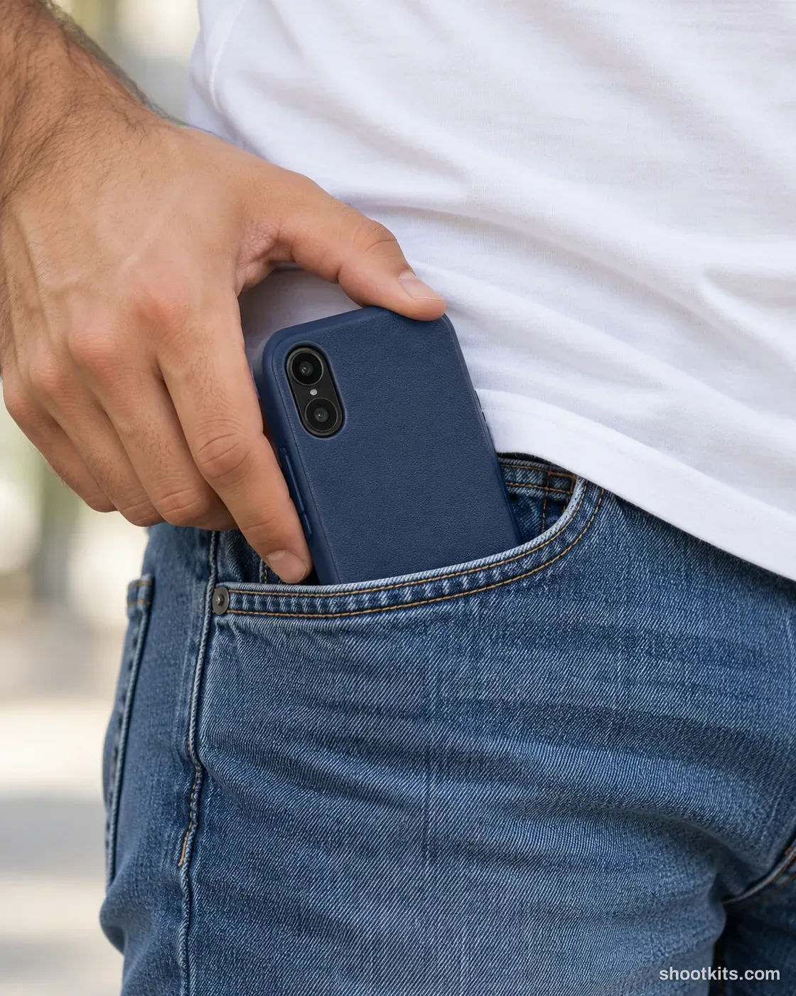 Pocket fit: tech accessory photo made with ChatGPT. Denim pocket close-up.