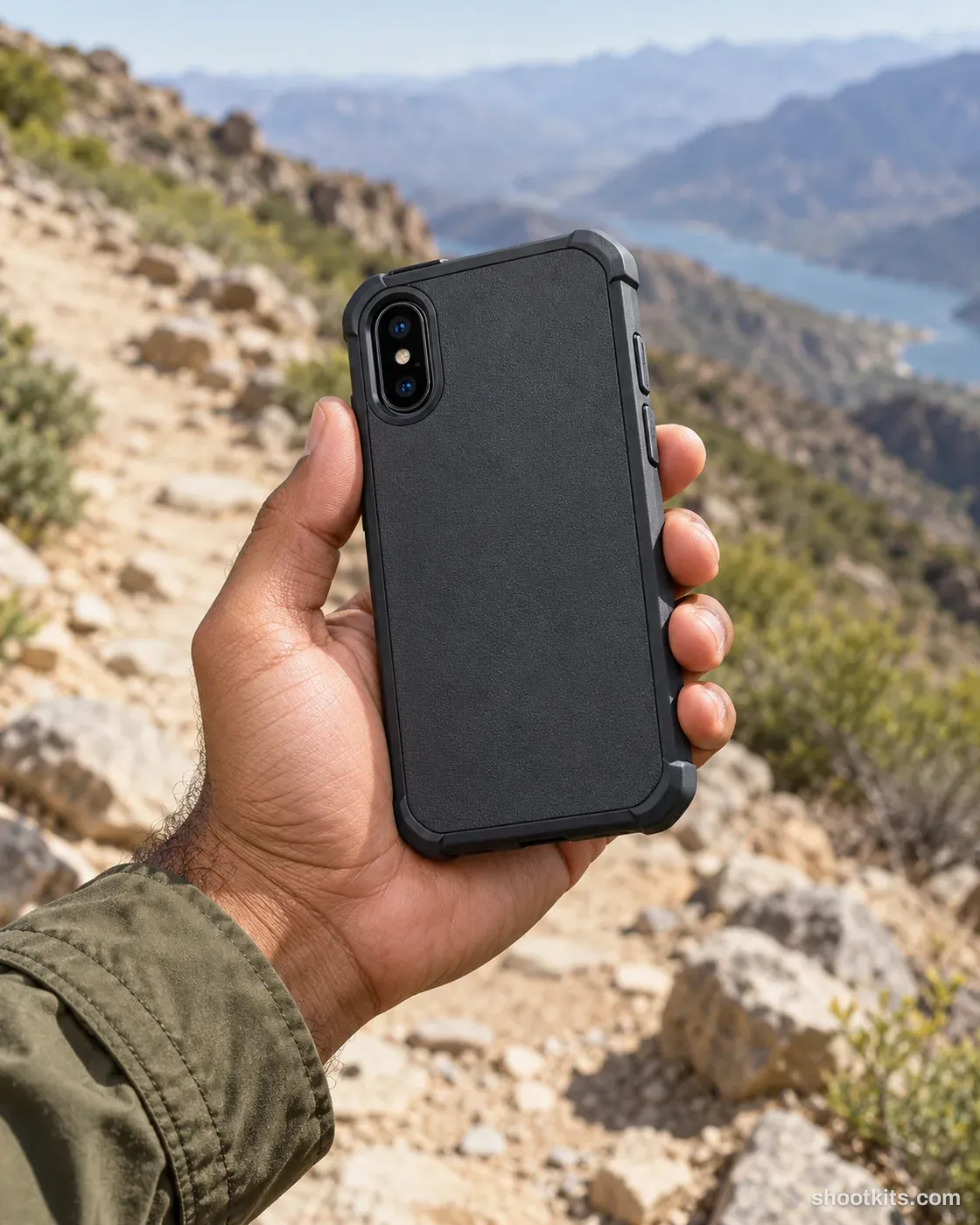 Outdoor drop-proof: tech accessory photo made with ChatGPT. Rocky hiking trail.