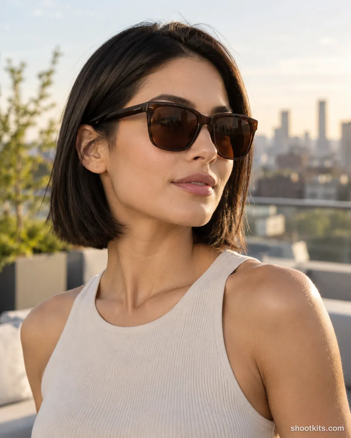 Rooftop three-quarter: sunglasses photo made with ChatGPT. Modern rooftop terrace.