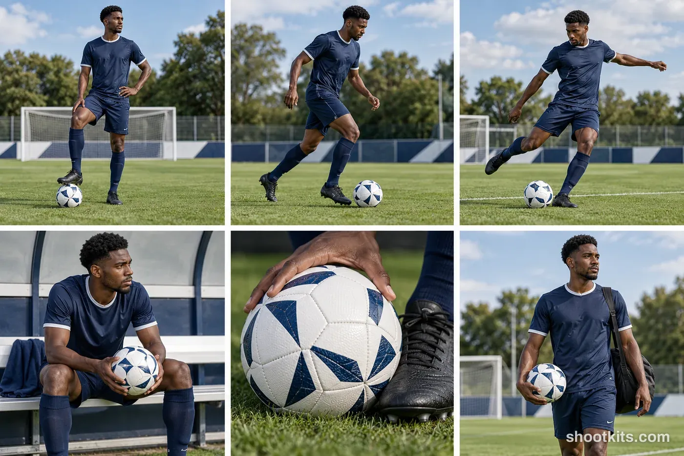 6-panel football (soccer) athlete action shoot made with ChatGPT