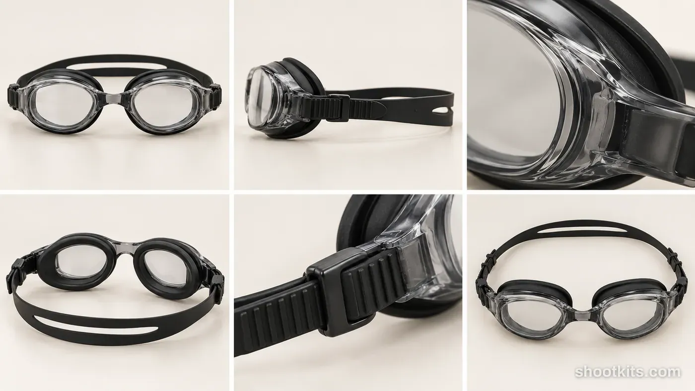 6-panel swimming equipment product shots made with ChatGPT